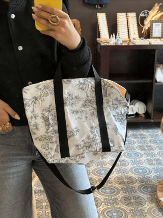 sac a main cabas, fait main, couture artisanale, toile de jouy
