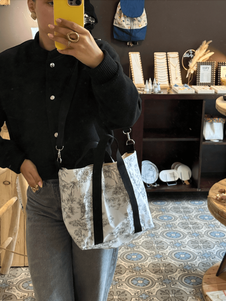 sac a main cabas, fait main, couture artisanale, toile de jouy
