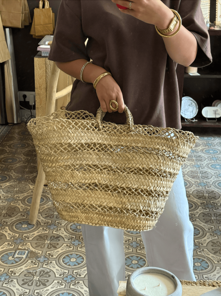 Panier bohème en osier tressé avec anses tressées – fait main - Marrakech