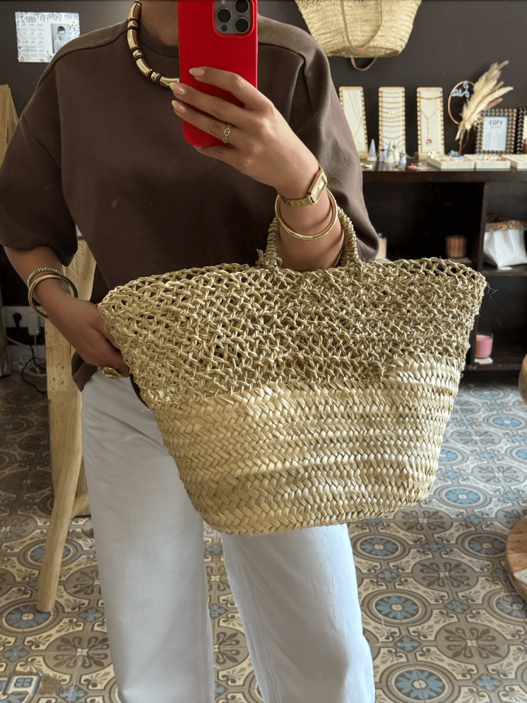 Panier bohème en osier tressé avec anses tressées – fait main - Marrakech