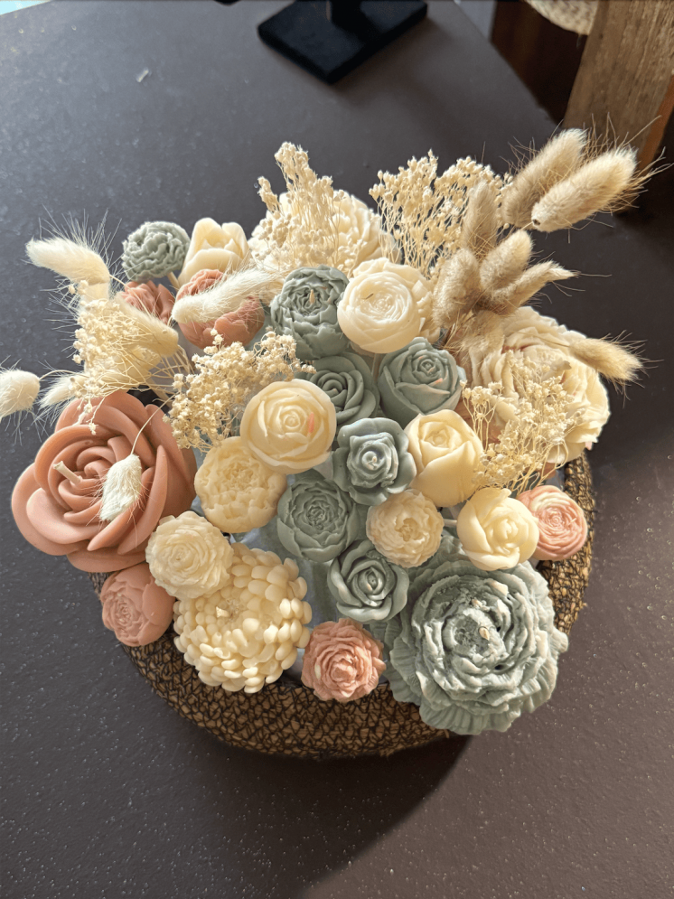 Bougie bouquet "Solaire" – couleurs rose, blanc et bleu