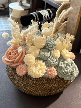 Bougie bouquet "Solaire" – couleurs rose, blanc et bleu